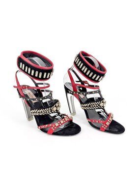 Valentino Garavani Rockstud Crystal Caged Sandal Heels Black Red Size 38 US 8